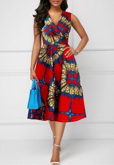 Tribal Print Zipper Red Sleeveless V Neck Dress