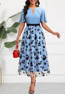 Floral Print Mesh Light Blue Short Sleeve Dress