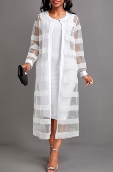 Two Piece White Long Sleeve Dress and Cardigan