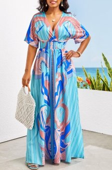 Tribal Print Smocked Sky Blue Maxi Dress