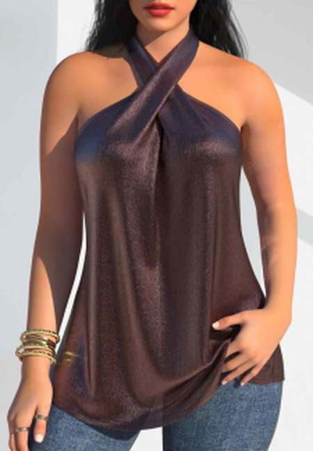 Hot Stamping Dark Coffee Sleeveless Halter Tank Top