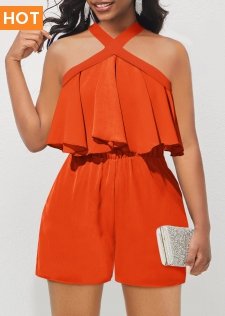 Ruffle Sleeveless Orange Short Cross Collar Romper