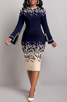 Geometric Print Contrast Binding Navy Long Sleeve Dress