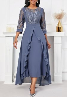 Dusty Blue High Low Round Neck Embroidery Dress