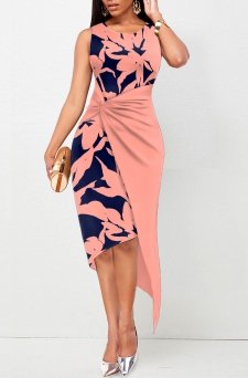 Asymmetry Floral Print Twist Dusty Pink Bodycon Dress