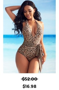 Belted Leopard Print Halter One Piece Swimwear