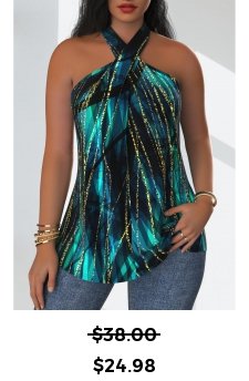 Marble Print Criss Cross Turquoise Sleeveless Tank Top