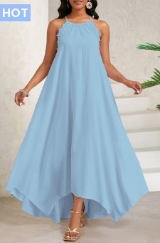 Lace Dusty Blue Maxi A Line Sleeveless Dress