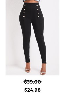 High Waisted Button Black Skinny Elastic Waist Pants