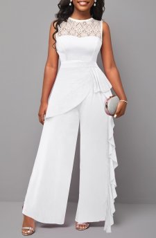 Lace Patchwork White Long Sleeveless Jumpsuit