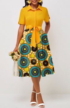 Tribal Print Pocket Belted Yellow Shirt Collar Dress