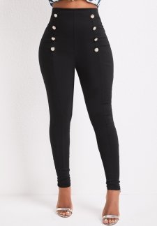 High Waisted Button Black Skinny Elastic Waist Pants