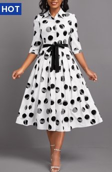 Geometric Print Button Belted White 3/4 Sleeve Dress