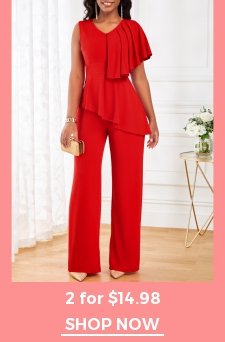 Red V Neck Sleeveless Ruffle Jumpsuit