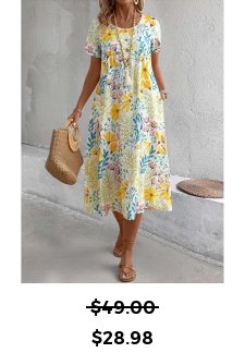 Floral Print Pocket Yellow A Line Short Sleeve Dress