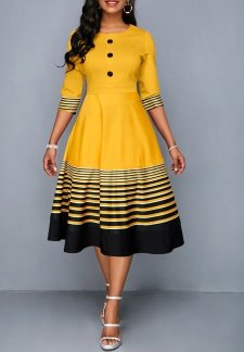 Striped Patchwork Yellow Half Sleeve Round Neck Dress