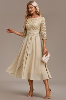 Embroidery Champagne 3/4 Sleeve Round Neck Dress