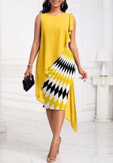 Wave Pattern Print Patchwork Yellow Sleeveless Bodycon Dress