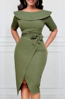 Belted Sage Green Sailor Collar Bodycon Dress