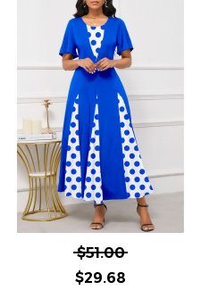 Polka Dot Patchwork Royal Blue Maxi Short Sleeve Dress