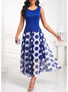 Polka Dot Insert Navy Sleeveless Round Neck Dress