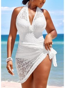 Lace White One Piece Swimwear and Cover Up