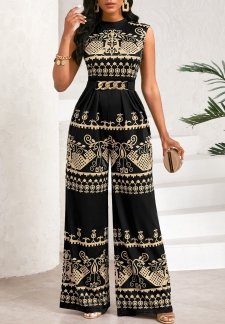 Tribal Print Patchwork Black Long Stand Collar Sleeveless Jumpsuit