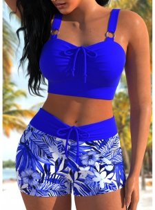 Floral Print Ruched Royal Blue Bikini Set