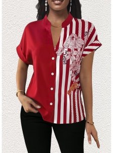 Floral Print Patchwork Red V Neck Blouse