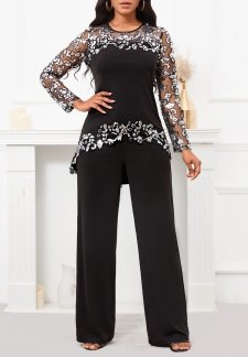 Sequin Black Mesh Long Round Neck Jumpsuit