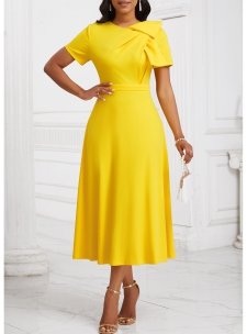 Zipper Yellow Short Sleeve Asymmetrical Neck Dress