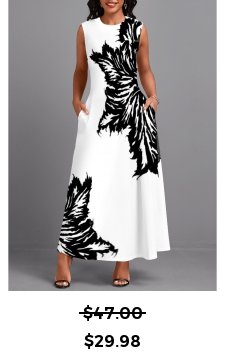 Leaf Print Pocket White Sleeveless Round Neck Maxi Dress