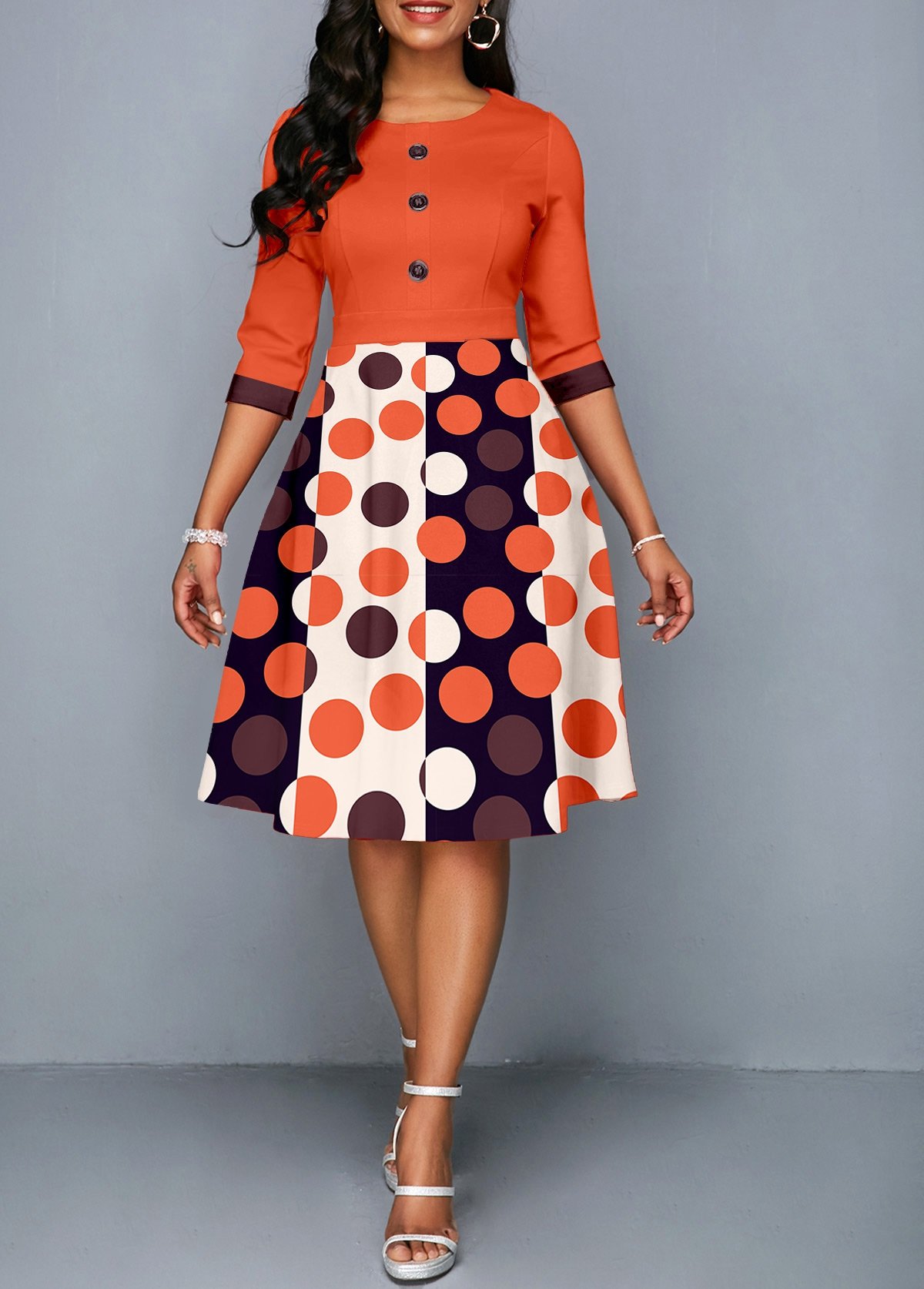 Geometric Print Button Orange Three Quarter Length Sleeve Dress