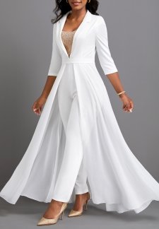 Sequin Ankle Length Lapel Regular White Jumpsuit