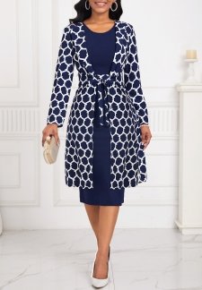 Geometric Print Two Piece Navy Round Neck Dress and Cardigan