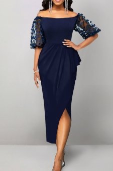 Split Off Shoulder Navy Half Sleeve Bodycon Dress