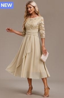 Embroidery Champagne 3/4 Sleeve Round Neck Dress