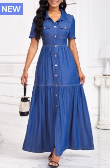 Button Denim Blue Maxi Short Sleeve Shirt Collar Dress