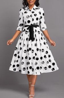 Geometric Print Button Belted White 3/4 Sleeve Dress