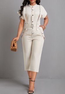 Button Belted Beige Capri Stand Collar Jumpsuit