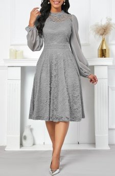 Lace Grey Long Sleeve Stand Collar Dress