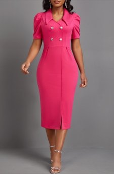 Button Hot Pink Short Sleeve Bodycon Dress