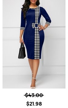 Houndstooth Print Bowknot Navy Knee Length Bodycon Dress