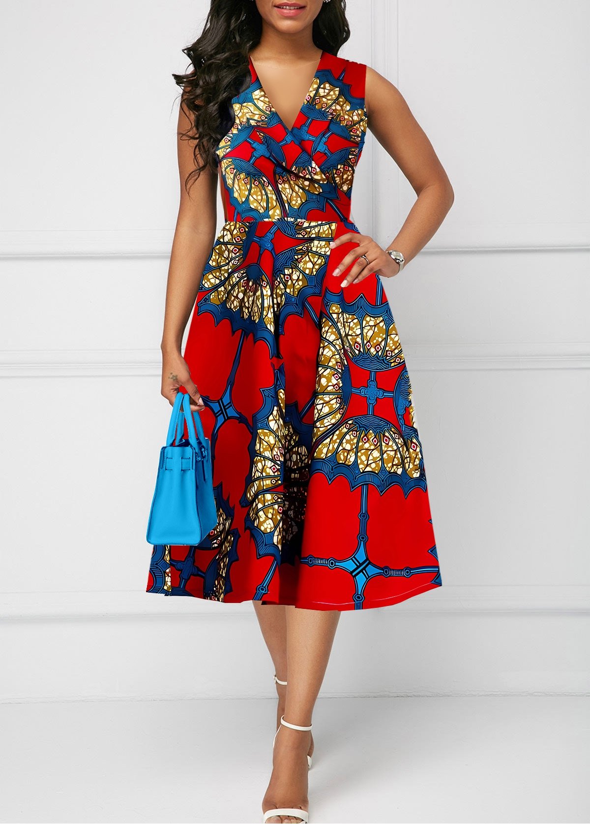 Tribal Print Zipper Red Sleeveless V Neck Dress