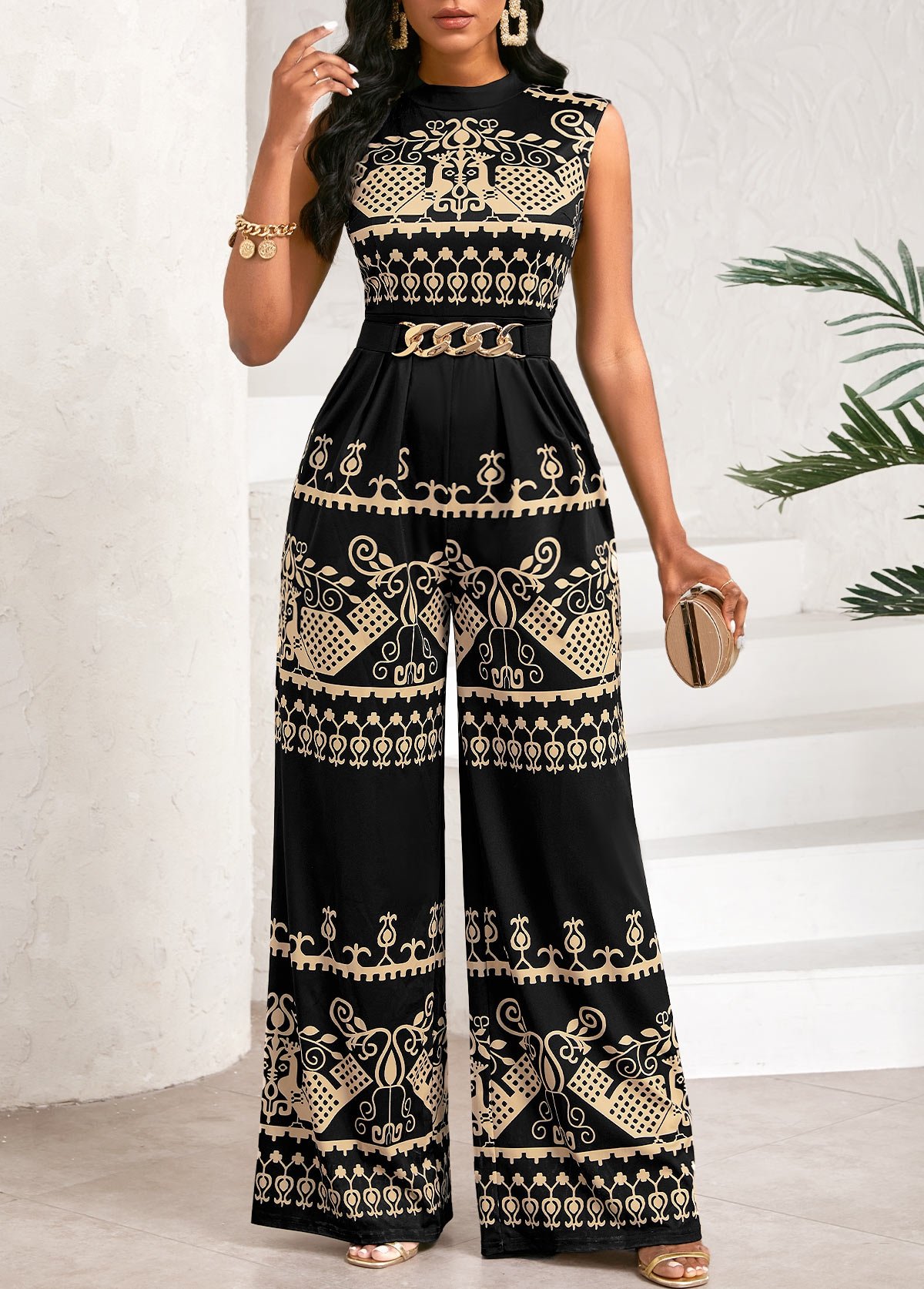 Tribal Print Patchwork Black Long Stand Collar Sleeveless Jumpsuit