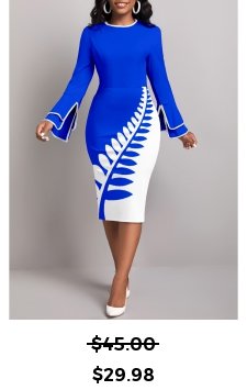 Leaf Print Patchwork Royal Blue Bodycon Dress