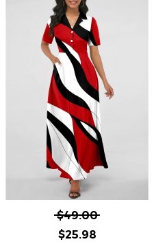 Geometric Print Pocket Red Lapel Maxi Dress