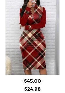 Plaid Zipper Wine Red Long Sleeve Bodycon Dress