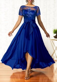 Belted Sapphire Blue Lace Patchwork Maxi Dress