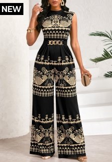 Tribal Print Patchwork Black Long Stand Collar Sleeveless Jumpsuit